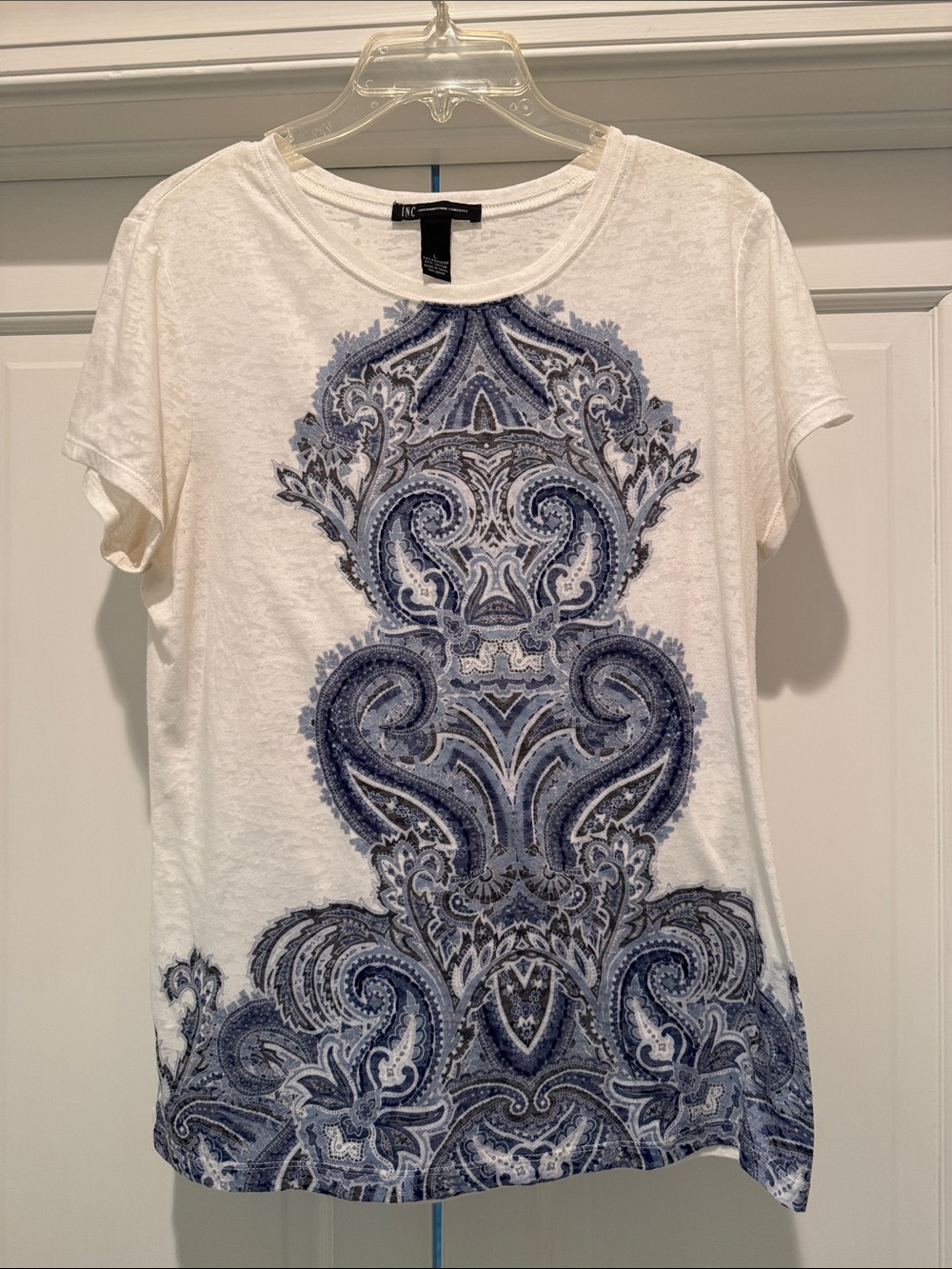 INC International Concepts White Tee with Blue Paisley Motif
